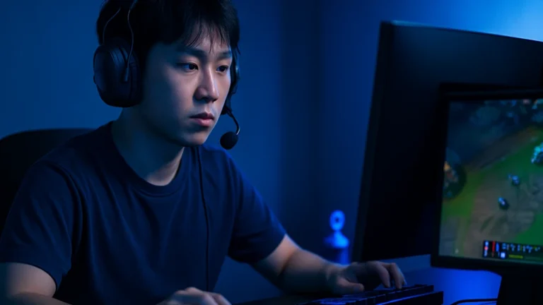 Support e-sport concentré au poste de jeu, ambiance bleue rappelant Karmine Corp Blue — scène réaliste évoquant Piero en LFL.