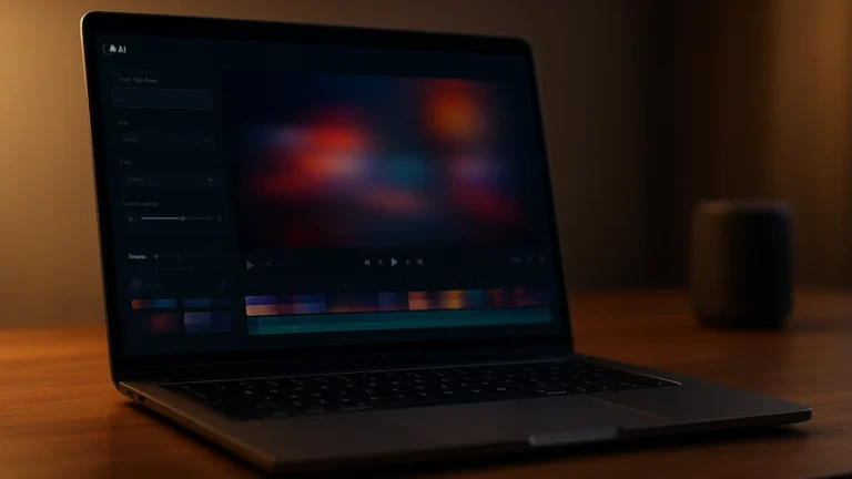 Ordinateur portable posé sur un bureau, écran montrant une interface de création vidéo générée par IA, illustration de l’outil Pika AI en 2025.