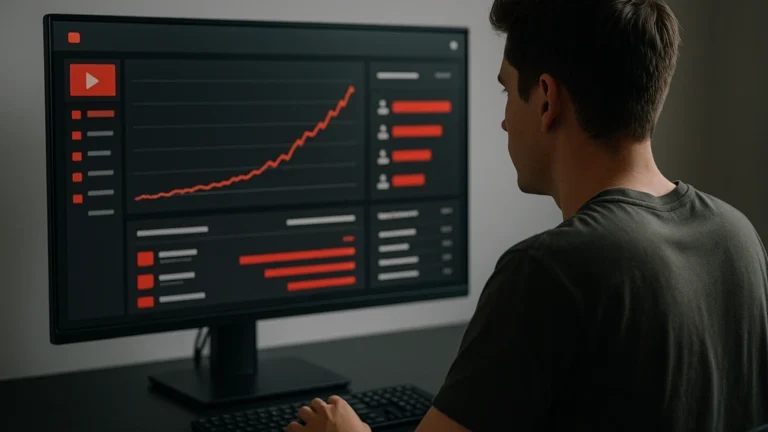 Classement YouTube 2025 : analyste regardant un tableau de bord rouge/noir avec courbe d’abonnés en forte hausse et liste des chaînes — référence à la domination de MrBeast