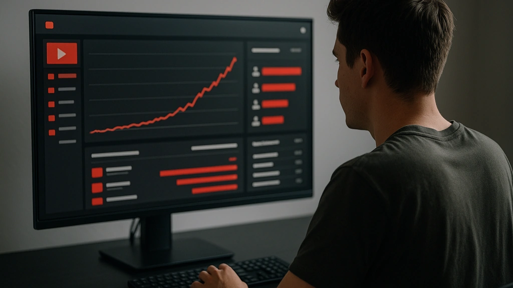 Classement YouTube 2025 : analyste regardant un tableau de bord rouge/noir avec courbe d’abonnés en forte hausse et liste des chaînes — référence à la domination de MrBeast