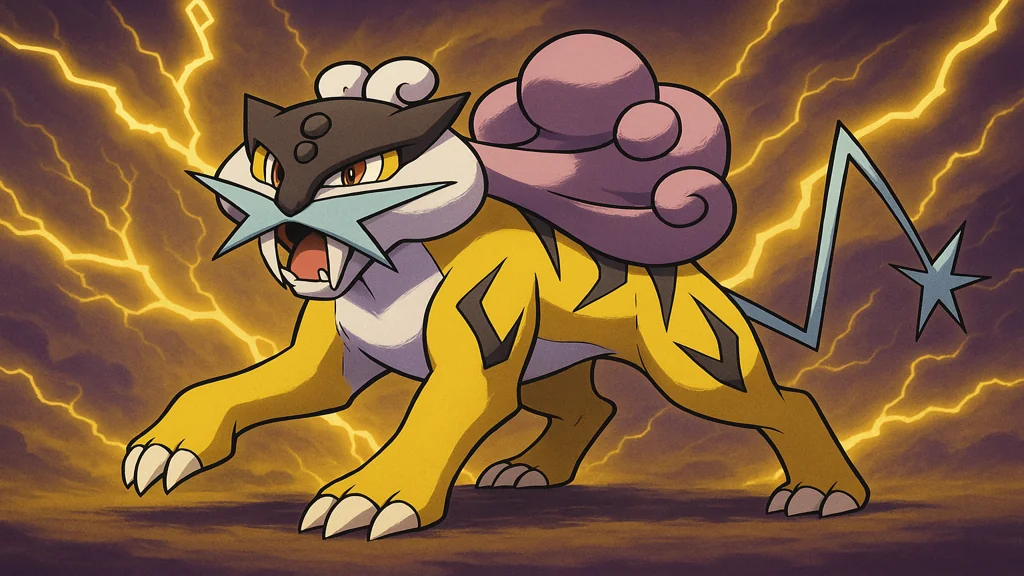 Raikou – bête légendaire de Johto, illustration orageuse avec éclairs dorés et violets