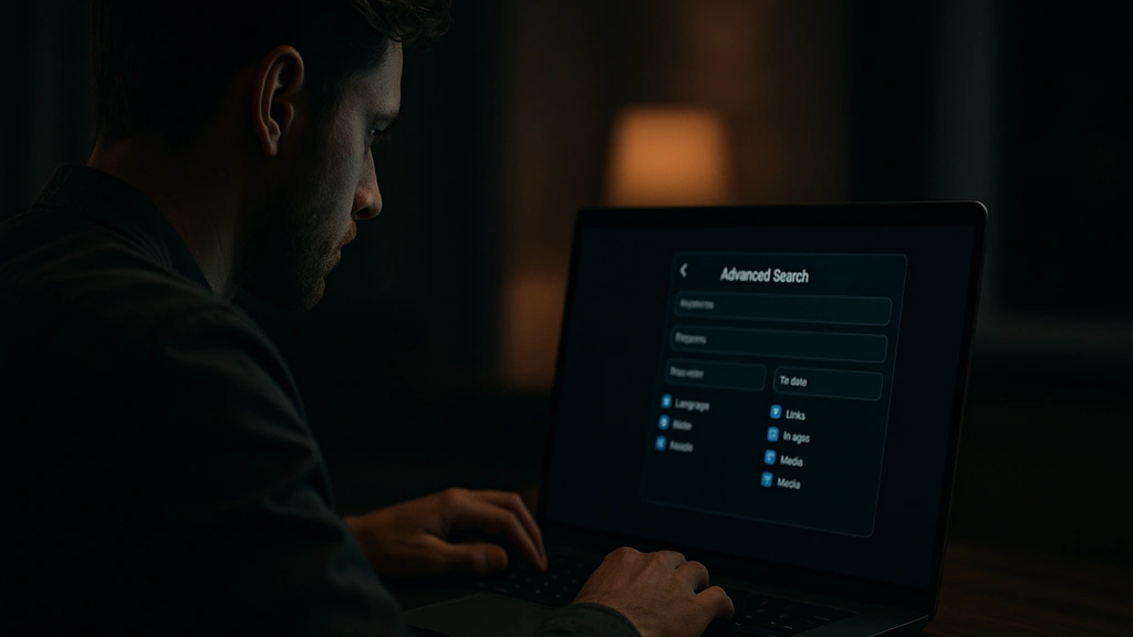 Recherche avancée Twitter : utilisateur filtrant des résultats sur une interface sombre — champs par mots, dates, liens et médias.