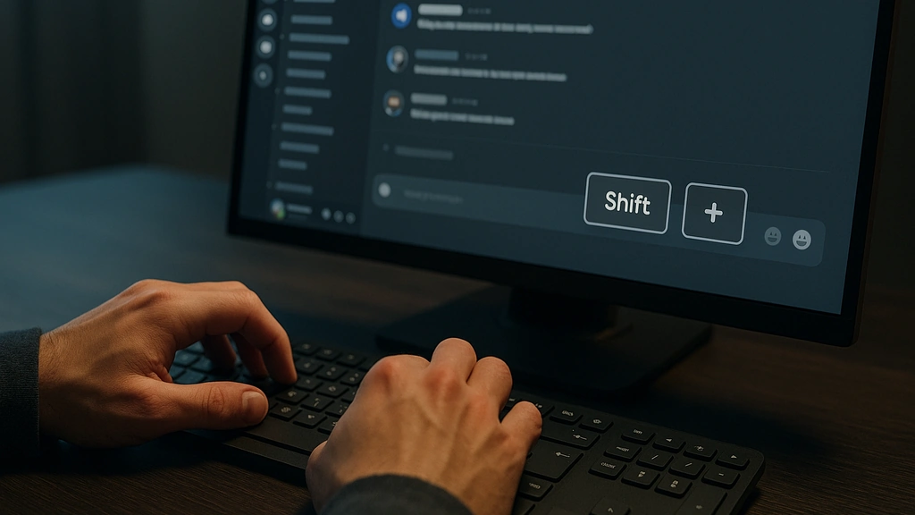 Revenir à la ligne sur Discord : mains sur clavier devant une interface de messagerie sombre, focus implicite sur la combinaison Shift + Entrée pour un saut de ligne sans envoi