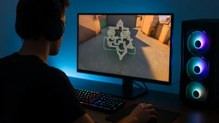 Setup e-sport évoquant Rossy sur VALORANT : joueur au casque devant un écran affichant une carte tactique, lumière RGB moderne, ambiance compétitive.