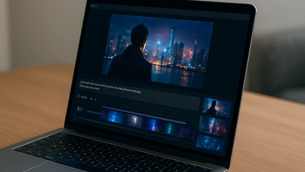 Runway IA : interface de génération vidéo avec aperçu de clip et timeline, workflow créatif Gen-3/Gen-4/Aleph, éclairage neutre sur ordinateur portable.