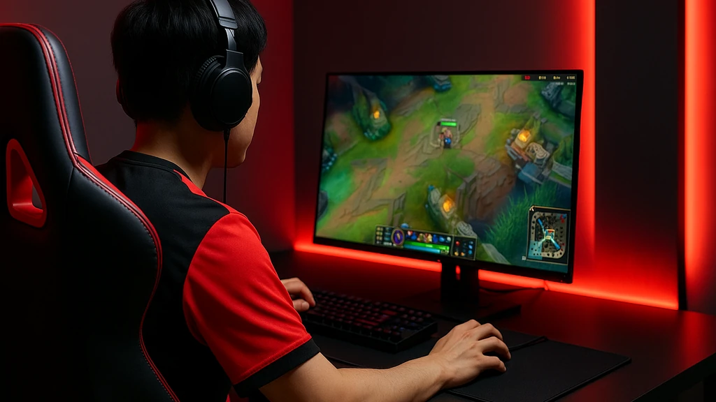 Setup e-sport évoquant Scout, midlaner de JD Gaming sur League of Legends : joueur concentré au casque, écran sur la voie du milieu, ambiance lumineuse rouge et noire.