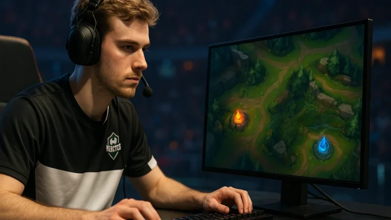 Sheo (Théo Borile), jungler de Team Heretics, concentré en LAN face à la carte jungle