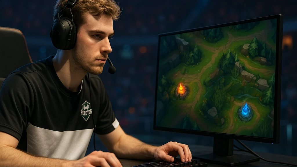Sheo (Théo Borile), jungler de Team Heretics, concentré en LAN face à la carte jungle