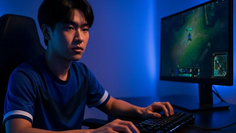 Midlaner e-sport concentré devant son écran, ambiance bleue rappelant Karmine Corp Blue — scène évoquant SlowQ en LFL avec minimap visible