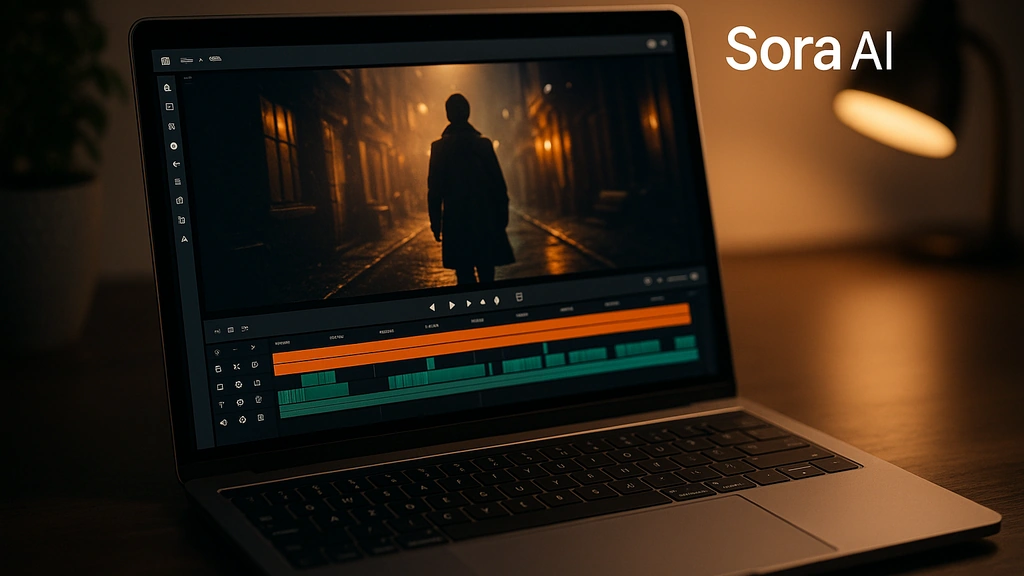 Sora AI : interface de génération vidéo avec timeline et aperçu cinématographique sur un laptop
