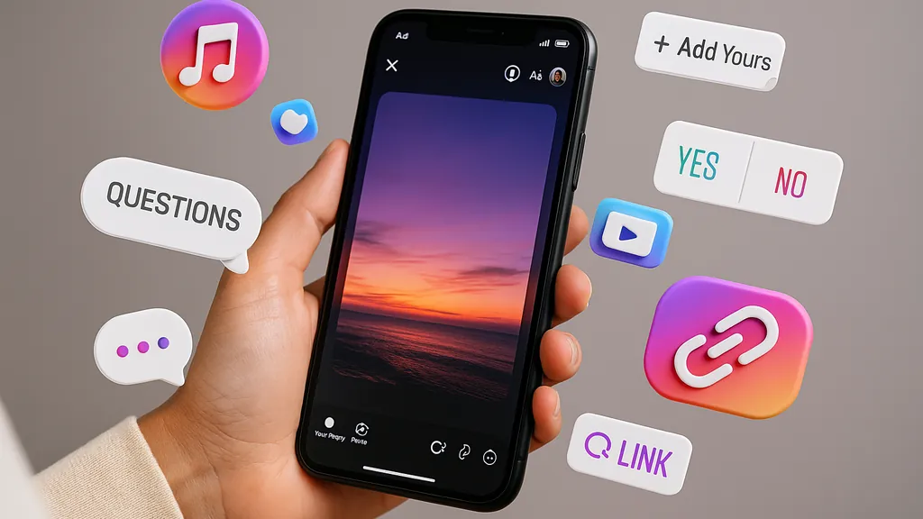 stickers instagram story : main tenant un smartphone en mode édition story avec stickers interactifs autour, ambiance studio douce et fond flou neutre