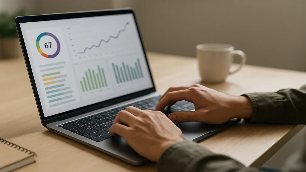 surfer seo : mains sur clavier d’un laptop affichant un tableau de bord seo avec graphiques et score d’optimisation, bureau épuré en lumière naturelle