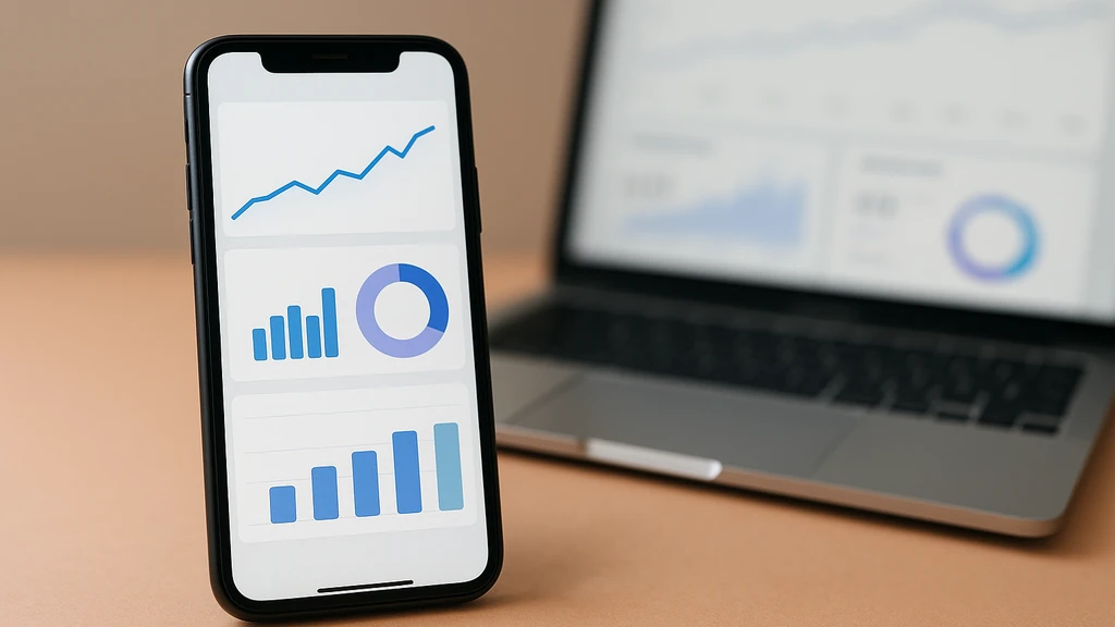 Smartphone affichant des graphiques d’engagement social posés devant un ordinateur portable, illustrant le calcul du taux d’engagement Instagram en 2025.
