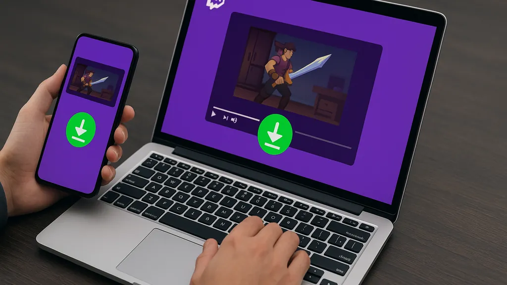 télécharger clip twitch : utilisateur qui enregistre un extrait de stream sur ordinateur portable et smartphone, interface violette et geste de téléchargemen