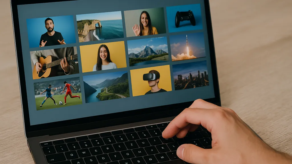 Télécharger une miniature YouTube en haute qualité : main qui sélectionne une vignette vidéo sur un ordinateur portable, illustration du tutoriel pour récupérer l’image d’aperçu via l’URL maxresdefault.jpg
