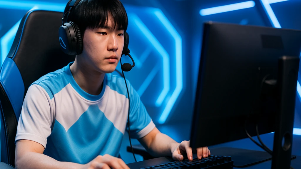 Joueur e-sport au casque devant son écran, ambiance bleu-blanc rappelant Cloud9 — portrait réaliste évoquant Thanatos, top laner en LCS.