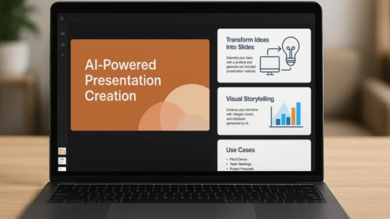 Ordinateur portable sur bureau affichant un éditeur de présentations assisté par IA, illustrant le storytelling visuel et la génération de slides avec Tome A