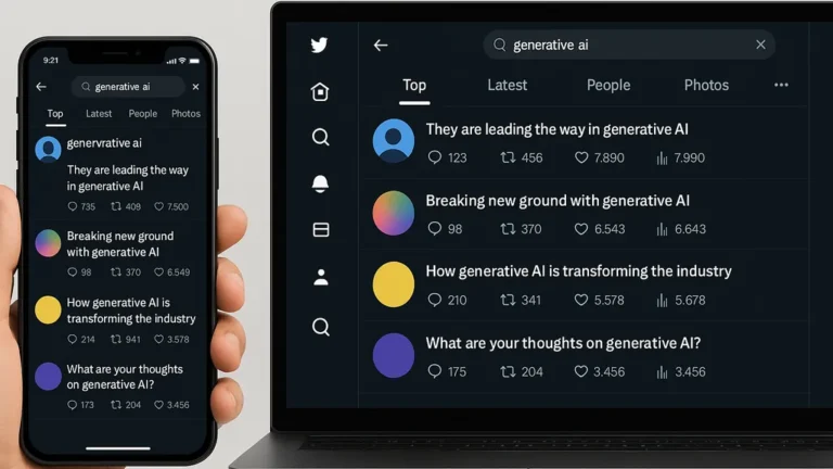 Smartphone et ordinateur affichant une recherche sur un réseau social en mode sombre avec l’onglet Top sélectionné, montrant les posts les plus populaires liés à un mot-clé, illustrant comment voir les top tweets sur X.