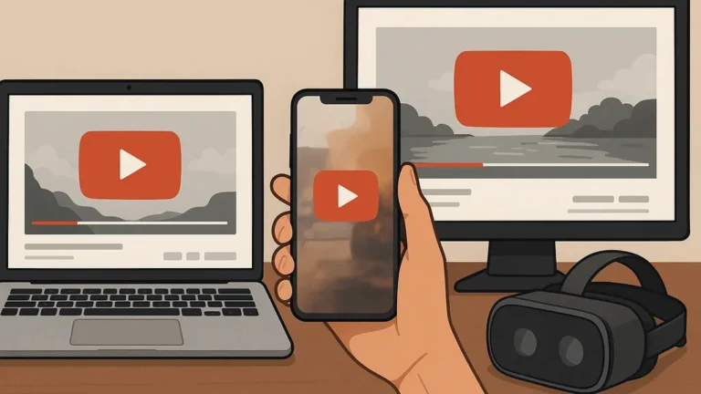 différents formats de vidéo YouTube en 2025 affichés sur plusieurs écrans : ordinateur pour les vidéos longues, smartphone pour les Shorts, diffusion live sur moniteur et casque VR pour les vidéos 360