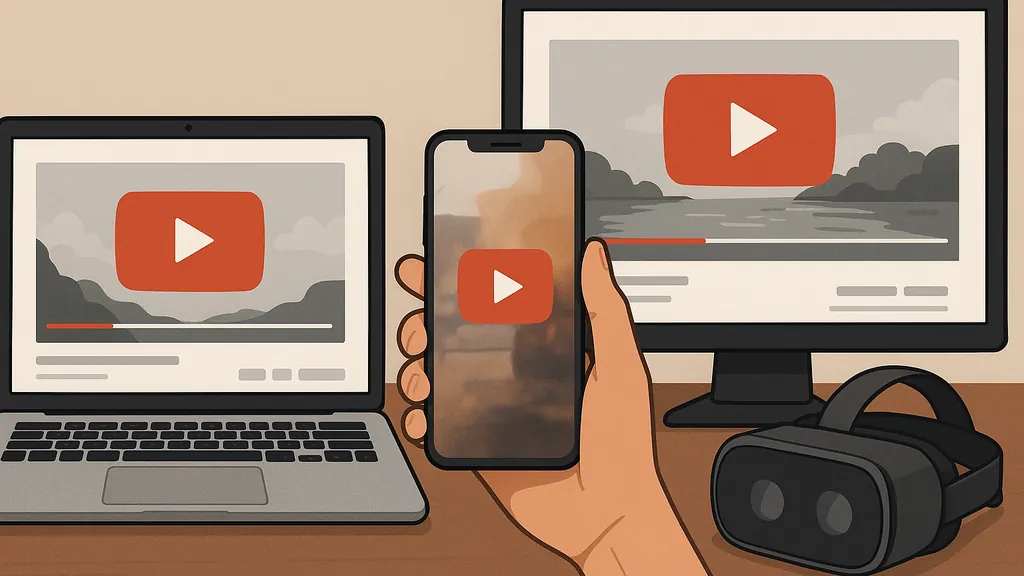 différents formats de vidéo YouTube en 2025 affichés sur plusieurs écrans : ordinateur pour les vidéos longues, smartphone pour les Shorts, diffusion live sur moniteur et casque VR pour les vidéos 360
