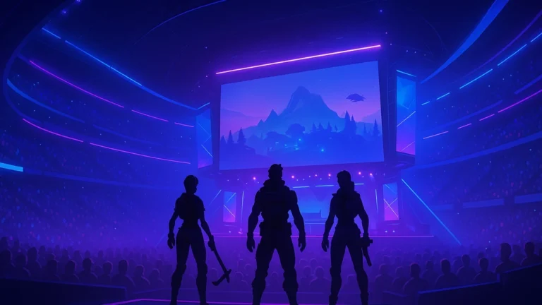 Trio de joueurs silhouettés devant une scène d’esport néon, grand écran paysage stylisé — ambiance finale mondiale Fortnite à l’LDLC Arena.
