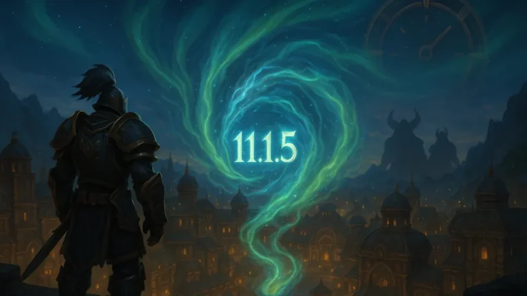 WoW 11.1.5 : skyline de cité naine sous ciel auroral, ambiance épique sans texte — patch 11.1.5, nouveautés et calendrier EU