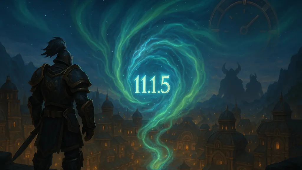 WoW 11.1.5 : skyline de cité naine sous ciel auroral, ambiance épique sans texte — patch 11.1.5, nouveautés et calendrier EU