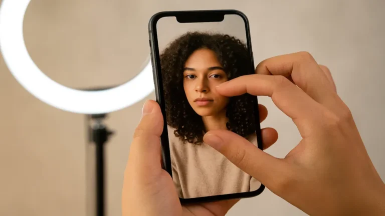 zoom instagram 2025 : geste pinch to zoom sur smartphone pour agrandir un portrait, éclairage doux avec ring light en arrière-plan