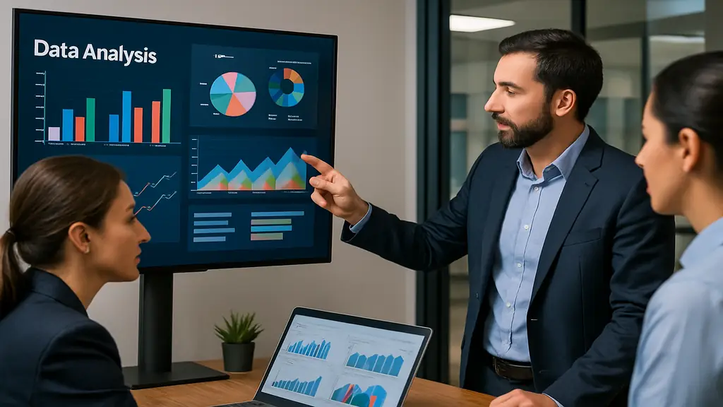 Équipe en réunion analysant des graphiques de business intelligence sur grand écran.