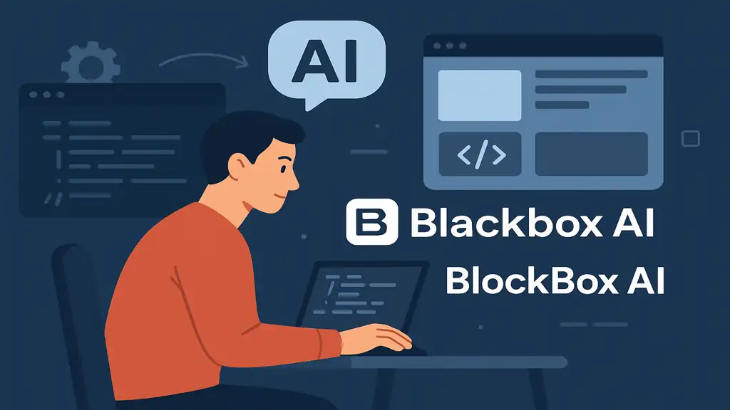 Illustration d’un développeur utilisant l’IA pour coder, avec des interfaces graphiques symbolisant Blackbox AI et BlockBox AI