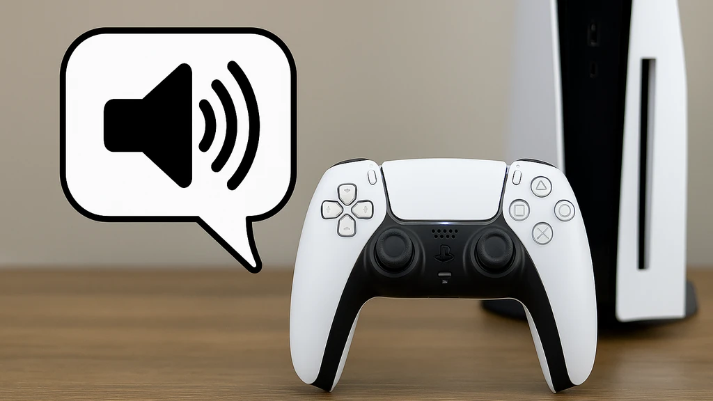 Manette PS5 DualSense posée devant la console avec une icône de volume, illustrant le guide pour désactiver la voix ou les lectures audio sur PlayStation 5.