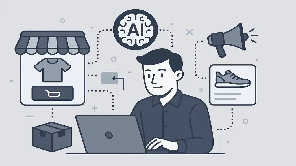 Illustration d’un entrepreneur travaillant sur un ordinateur avec des icônes e-commerce et intelligence artificielle, représentant le concept de drop IA
