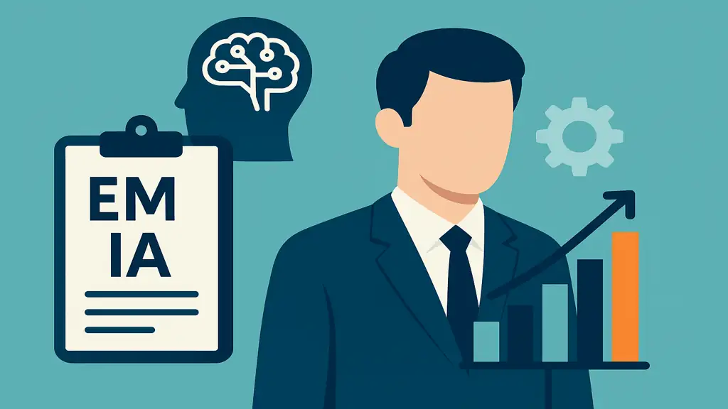 Illustration moderne d’un professionnel et d’icônes symbolisant l’intelligence artificielle et la montée en compétences, représentant un Executive Master IA