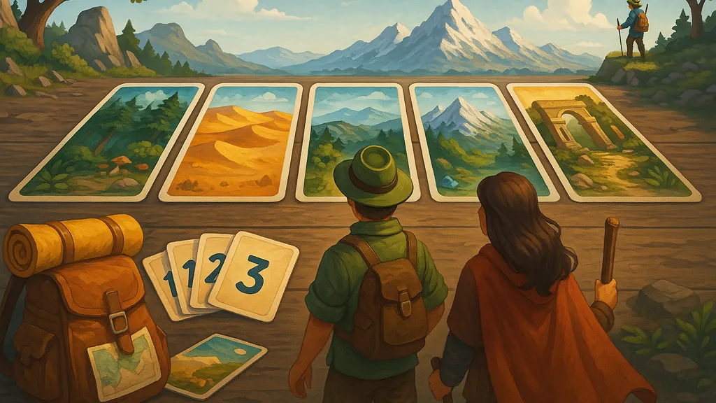 Illustration du jeu de société Faraway montrant deux explorateurs devant une ligne de cartes représentant différents biomes, pour évoquer la mécanique d’exploration et de scoring inversé.