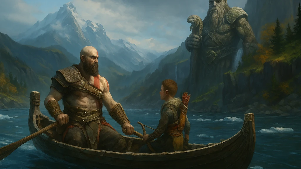 Kratos et Atreus dans leur barque au milieu d’un paysage nordique, illustrant une soluce complète de God of War avec exploration et combats.