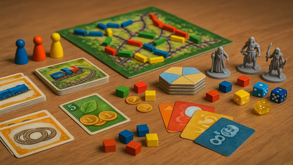 Photo réaliste de matériel de jeux de plateau avec pions, cartes, dés et plateau coloré disposés sur une table