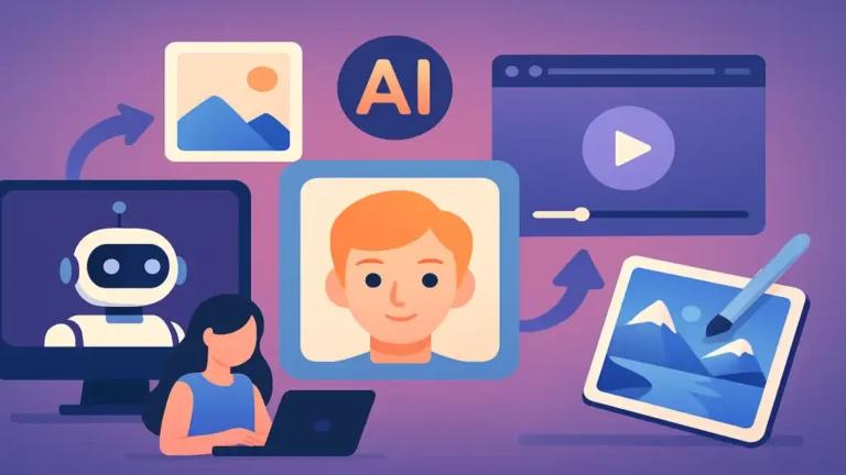 Illustration moderne sans texte représentant une interface créative générée par IA, évoquant les fonctionnalités de LensGo AI pour images et vidéos