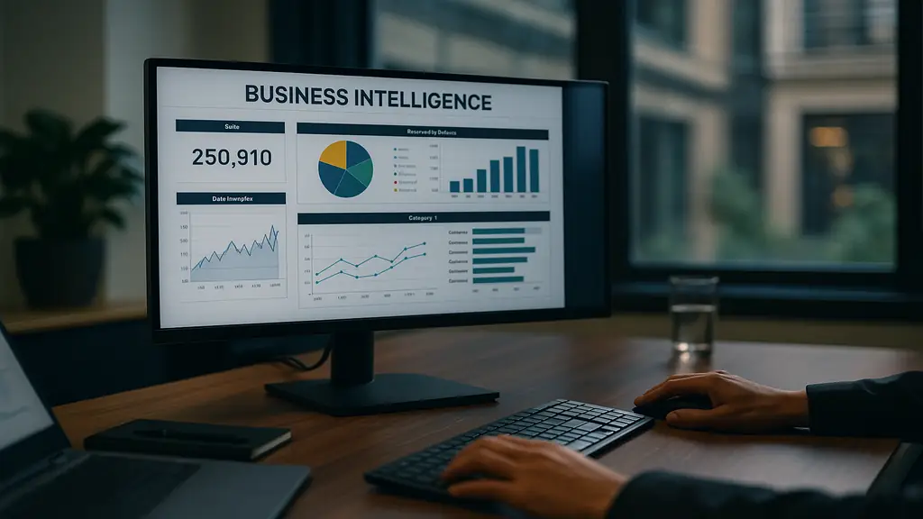 Tableau de bord d’outils de business intelligence affiché sur écran dans un bureau moderne