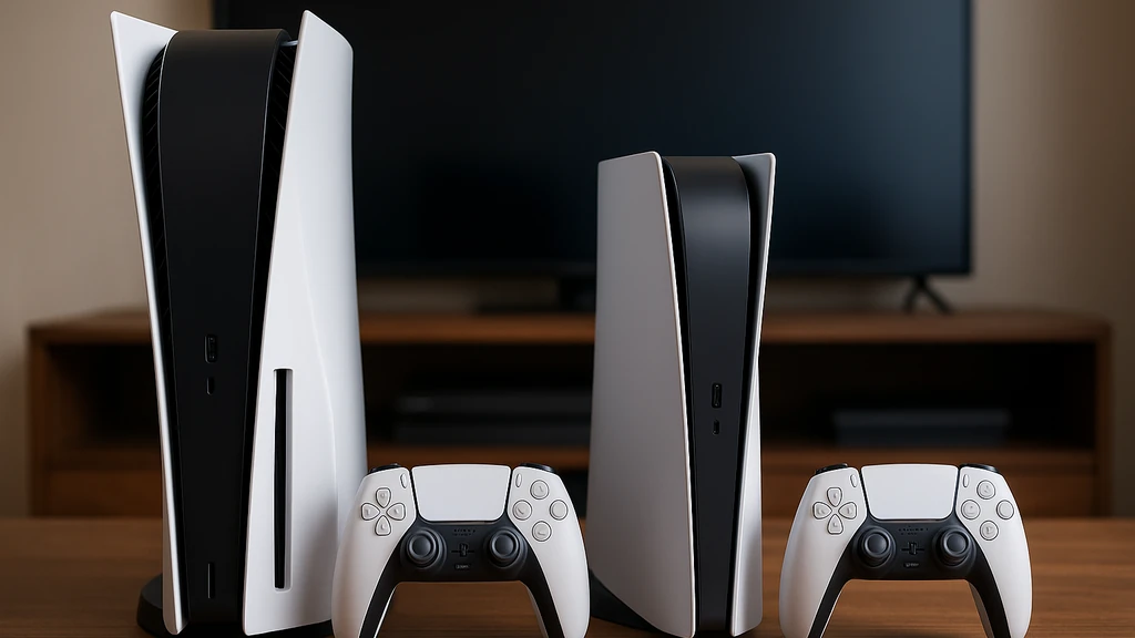 Comparatif visuel entre la PS5 classique et la PS5 Slim côte à côte sur un meuble TV, avec deux manettes DualSense, pour illustrer les différences de format et de design en 2025.