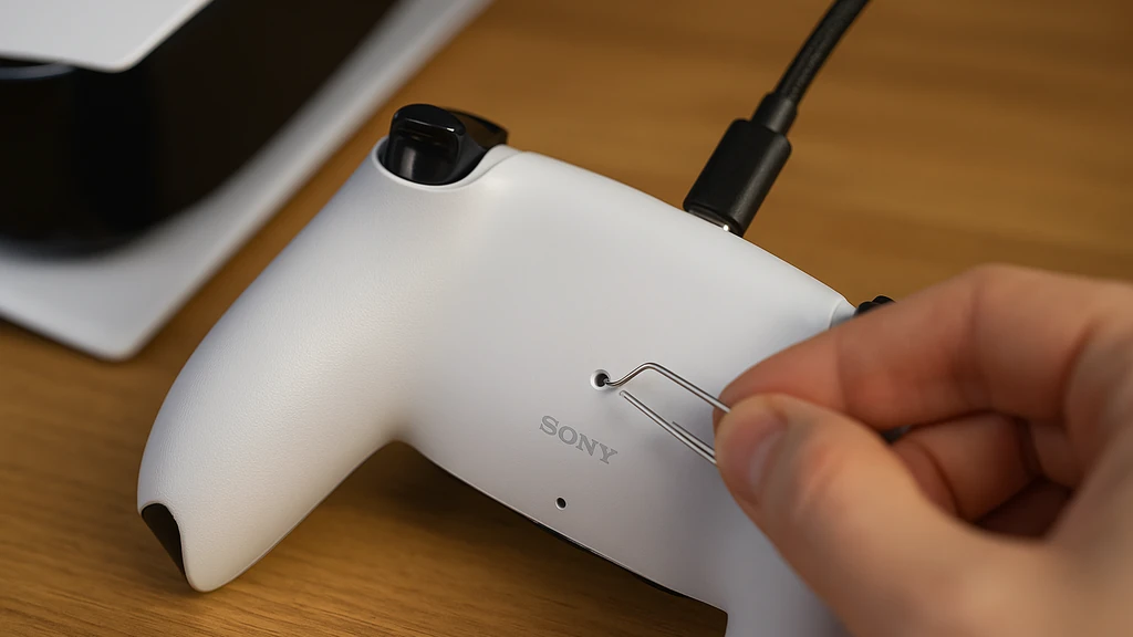 Réinitialisation d’une manette PS5 DualSense avec un trombone inséré dans le bouton reset au dos, console PS5 floue en arrière-plan sur un bureau en bois.