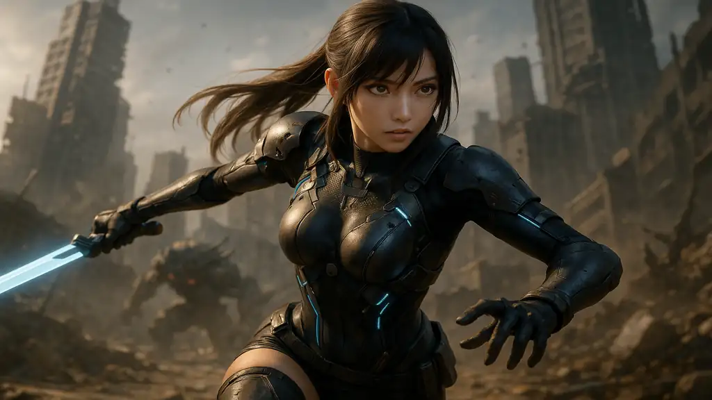 Illustration réaliste d’une héroïne futuriste en armure dans un décor post-apocalyptique inspiré de Stellar Blade sur PS5