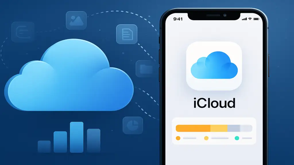 Illustration d’un iPhone affichant une icône de nuage et un graphique de stockage, symbolisant le stockage des données dans iCloud