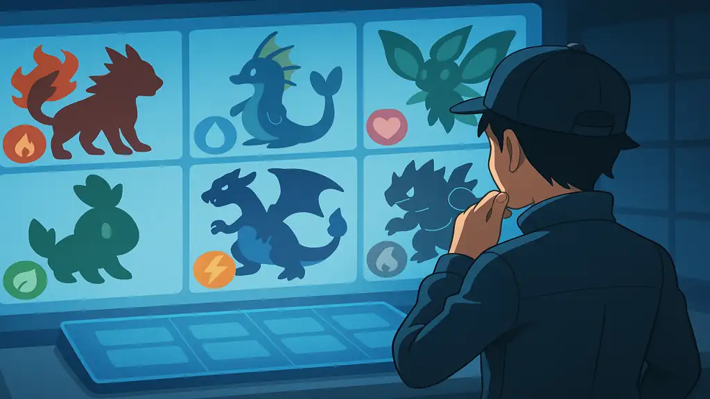 Illustration d’un dresseur analysant une équipe de créatures élémentaires sur un écran, symbolisant le team building stratégique dans Pokémon