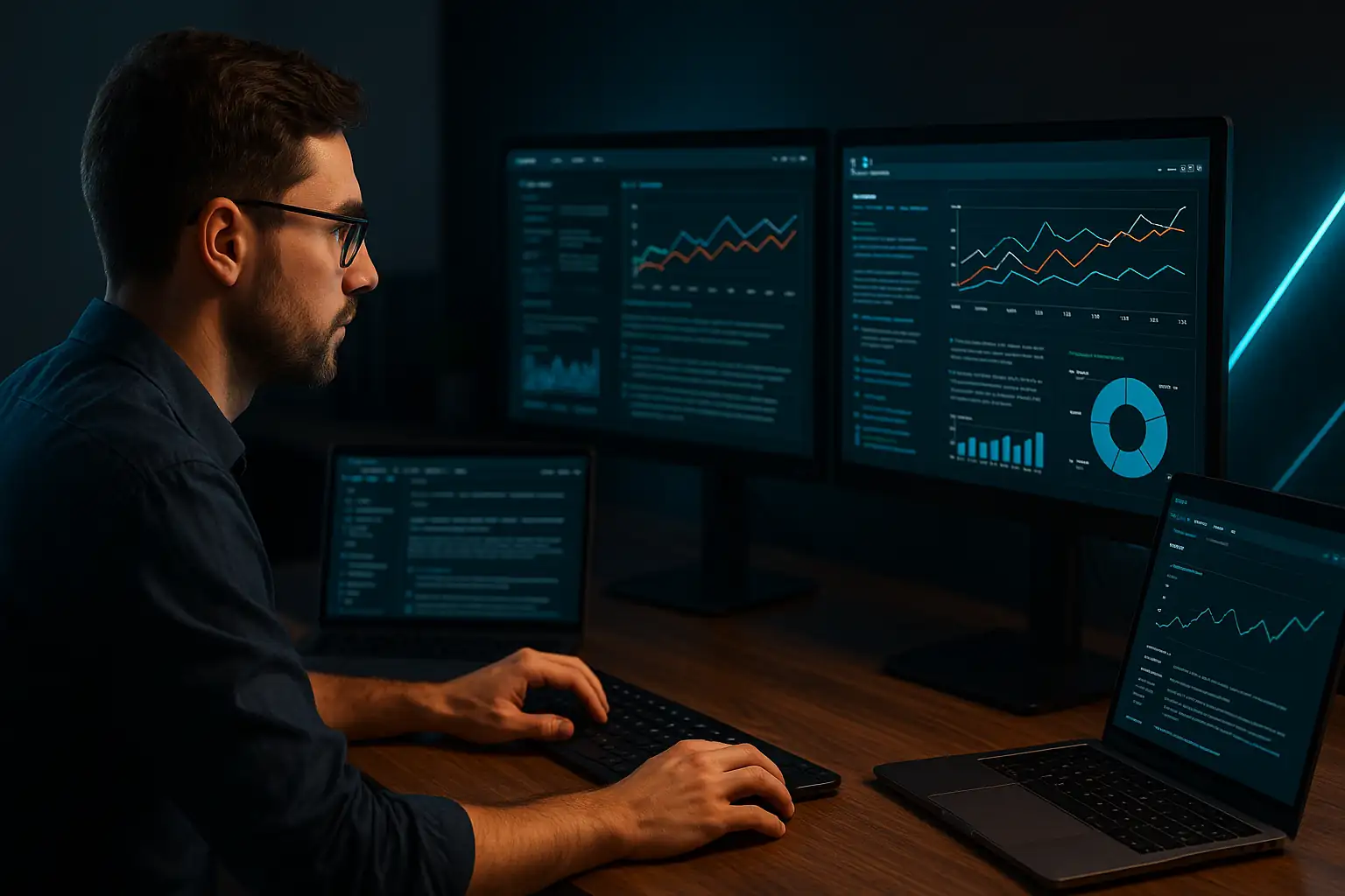 Analyste travaillant sur plusieurs écrans affichant des graphiques et tableaux de données, illustrant la veille stratégique et l’analyse d’information numérique