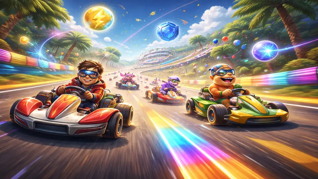 Illustration d’une course de karts arcade sur un circuit coloré et dynamique, représentant les meilleures alternatives à Mario Kart disponibles sur PS4.