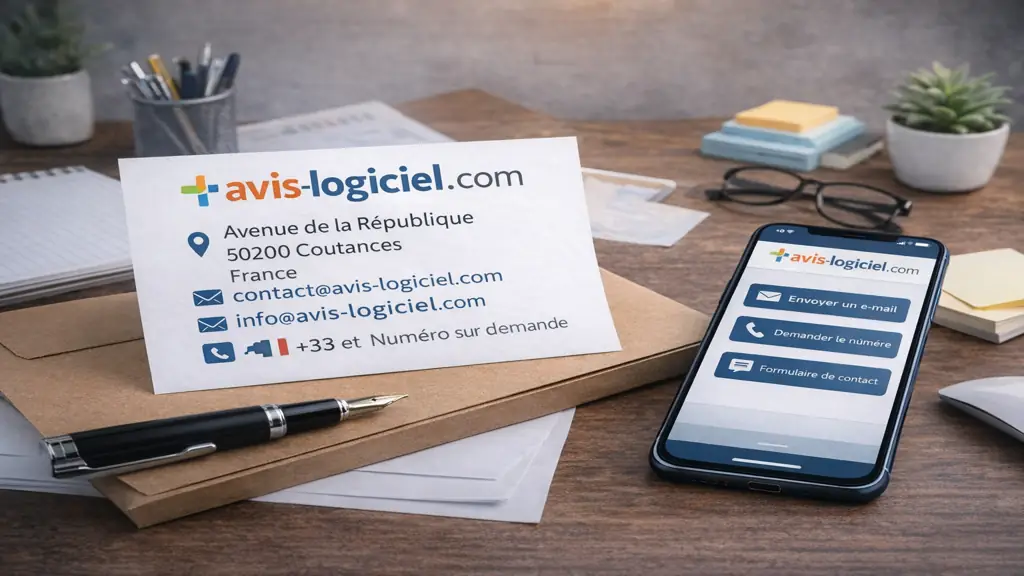 Coordonnées et adresse officielle de avis-logiciel.com affichées sur carte de contact et smartphone avec accès email et formulaire