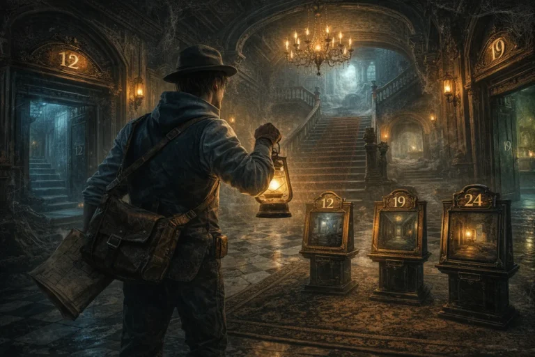 Explorateur dans le manoir Mt. Holly de Blue Prince, tenant une lanterne face à des portes numérotées symbolisant le choix des salles et le système de room-drafting.