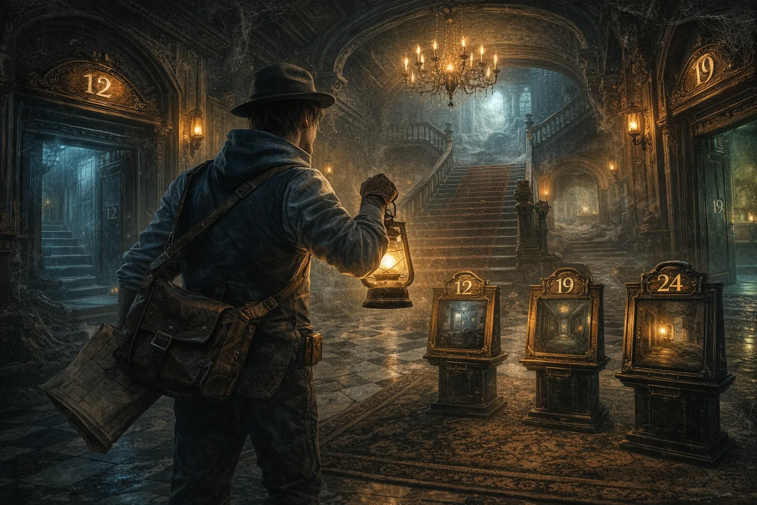 Explorateur dans le manoir Mt. Holly de Blue Prince, tenant une lanterne face à des portes numérotées symbolisant le choix des salles et le système de room-drafting.