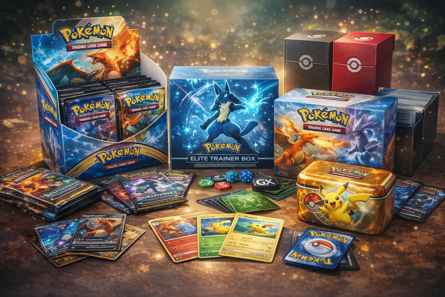 Présentation de boîtes Pokémon du Jeu de Cartes à Collectionner avec displays de boosters, coffrets Dresseur d’Élite, Pokébox métalliques et cartes Pokémon disposés sur une table de collection.