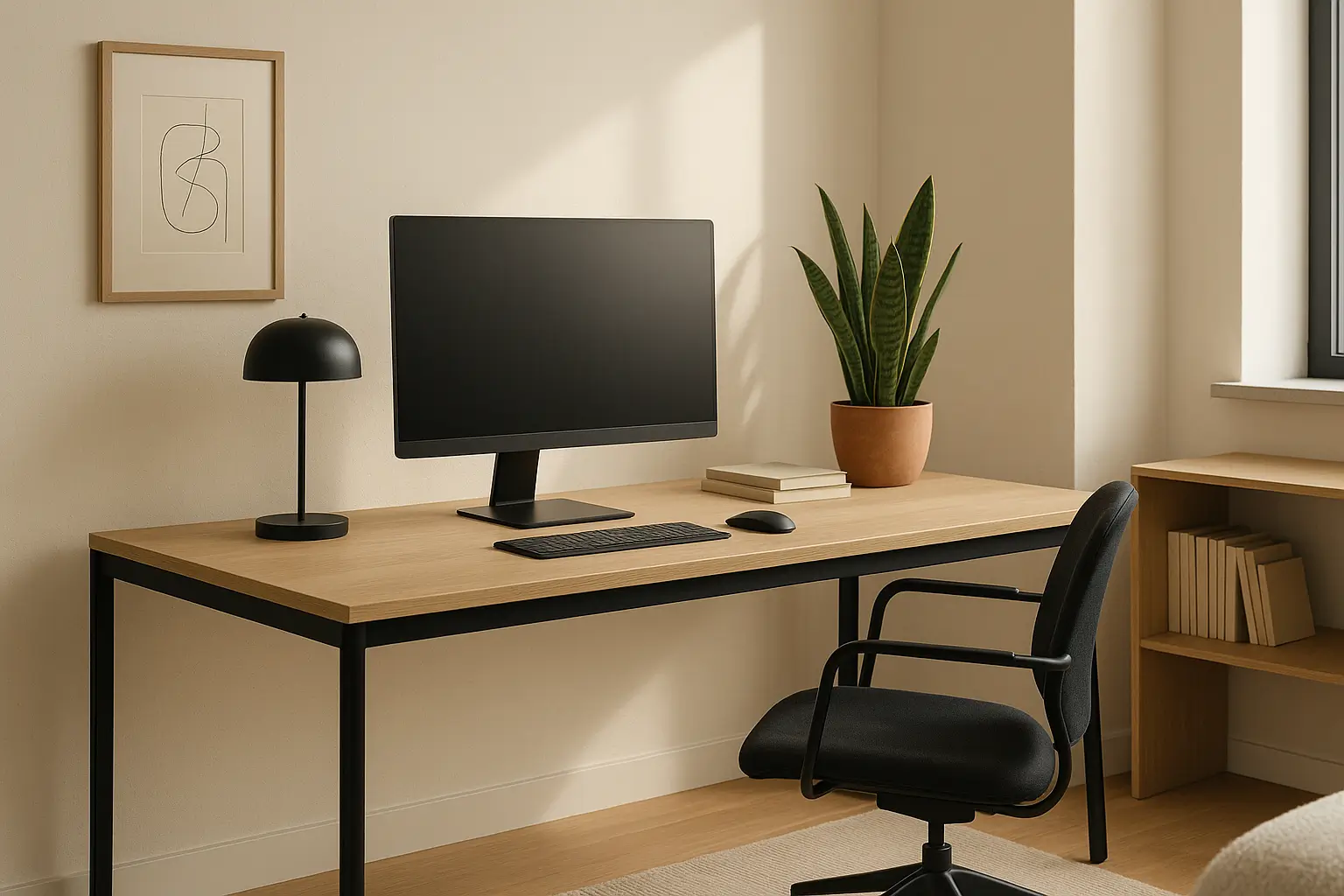 Bureau design minimaliste en bois clair et métal noir dans un espace de travail moderne et lumineux